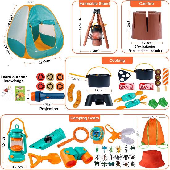 Kids Camping Set 50pcs with Tent & Space Projector Flashlight- Outdoor Campfire Toy Set for Toddlers Kids - Pretend Play Camp Gear Tools for Birthday