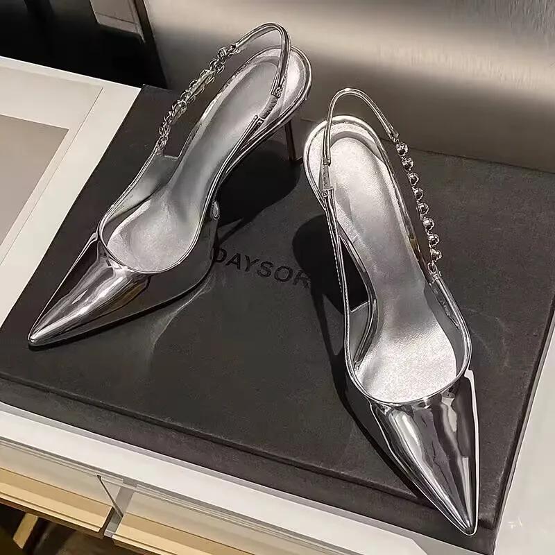 Fashion Shiny High Heels Slingback Women Pumps Metallic Crystal Sandals Pointy Toe Stiletto Heeled Shoes Silver Party Dress Shoes Woman