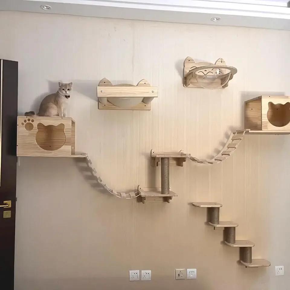 Katzen Wand Versteck Haus Hängematte Kletterregale Mond Sitzstangen Bett Leiter Massivholz Stufen Für Aktivität Indoor Katzen Wandmöbel