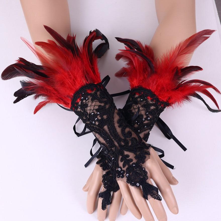 1 pair of Halloween feather fingerless gloves-black lace arm cuffs for parties and dance events