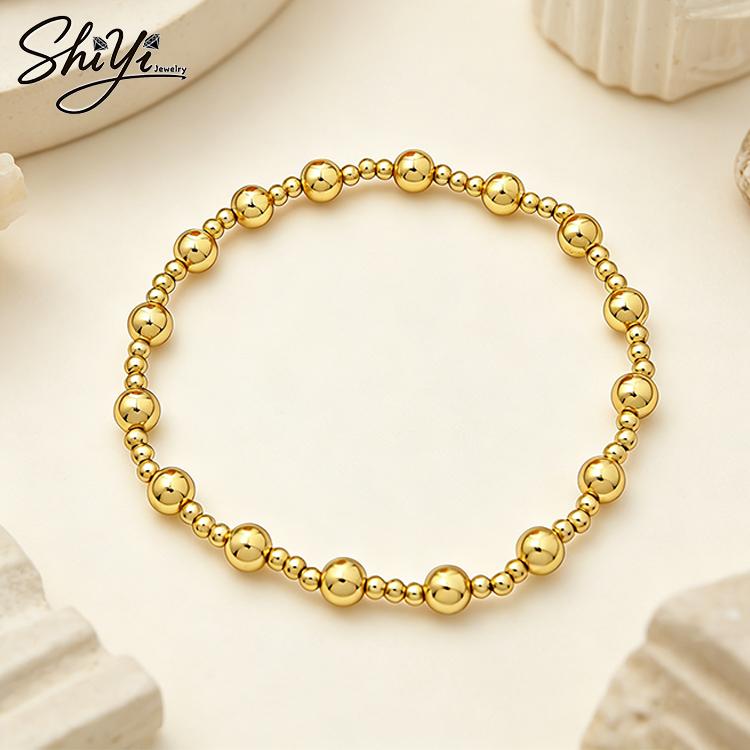 Trendy 2026 14K Gold Plated Beaded Bracelet Copper Elastic Stretch Gold Bracelet Simple Dainty Jewelry Men Vintage Bracelet