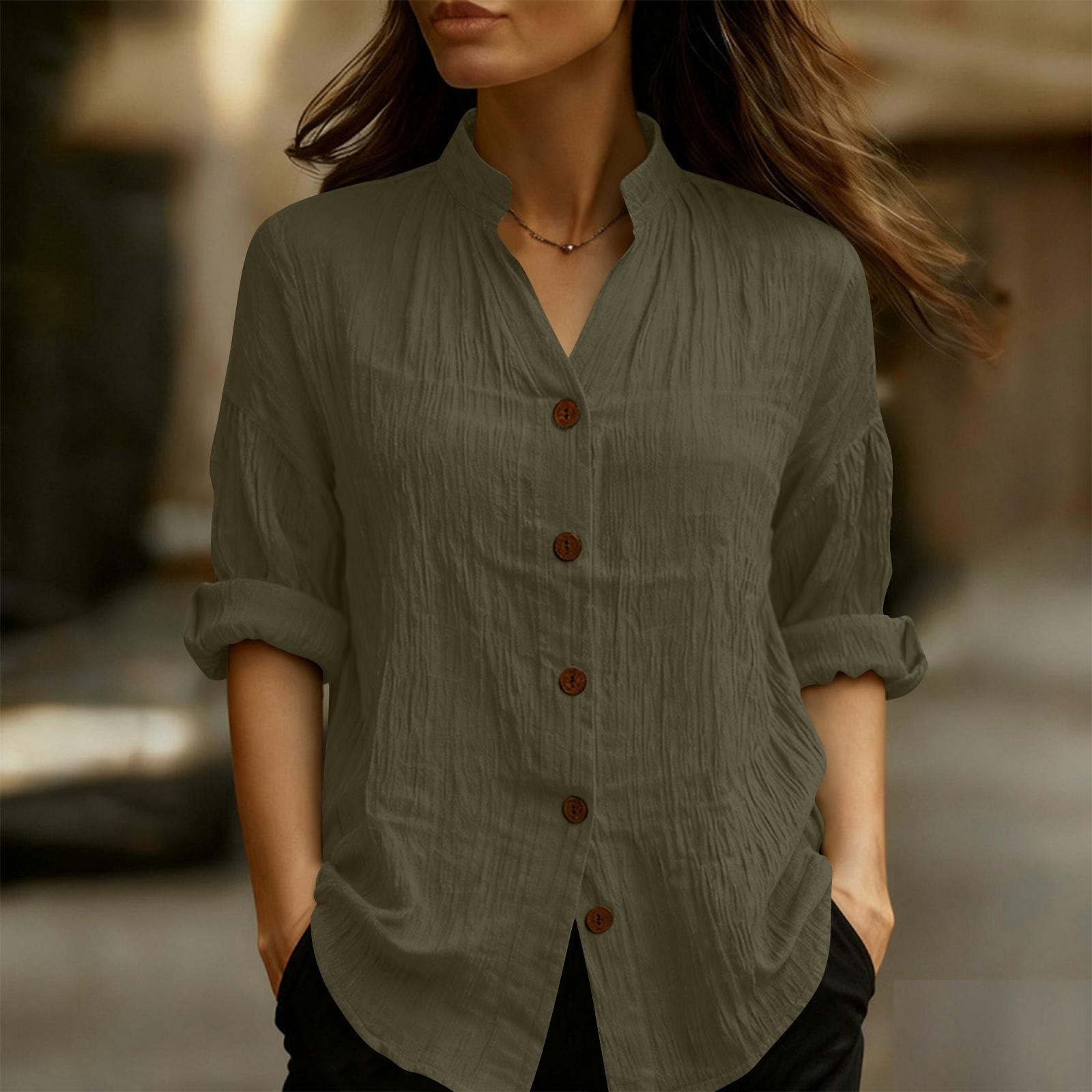 Women s Fashionable Color V-neck Long Sleeved Button Down Casual Shirt Top XXL