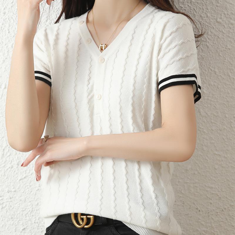 

Summer Pure Cotton V-neck Knitted Short-sleeved T-shirt for Women Short-sleeved Tops for Women Pull-up Cotton Vest XXL білий
