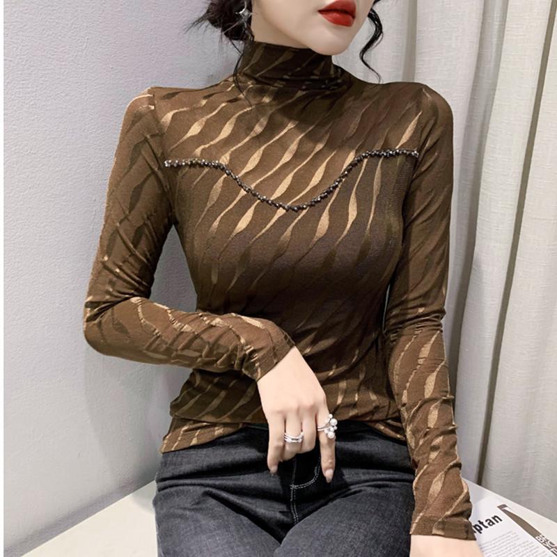 

Осенне-зимняя футболка с высоким воротом и длинными рукавами, украшенная бисером, для женщин, тонкий и модный топ плюс теплая бархатная рубашка-основа 3XL