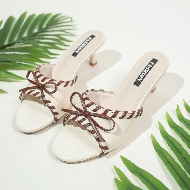 Fashion Ladies Shoes 2025 Summer New Modern Women's Open Toe Slippers Outdoor Fashion Bow Tie Thin Heels Sandals Leisure Dress Slippers