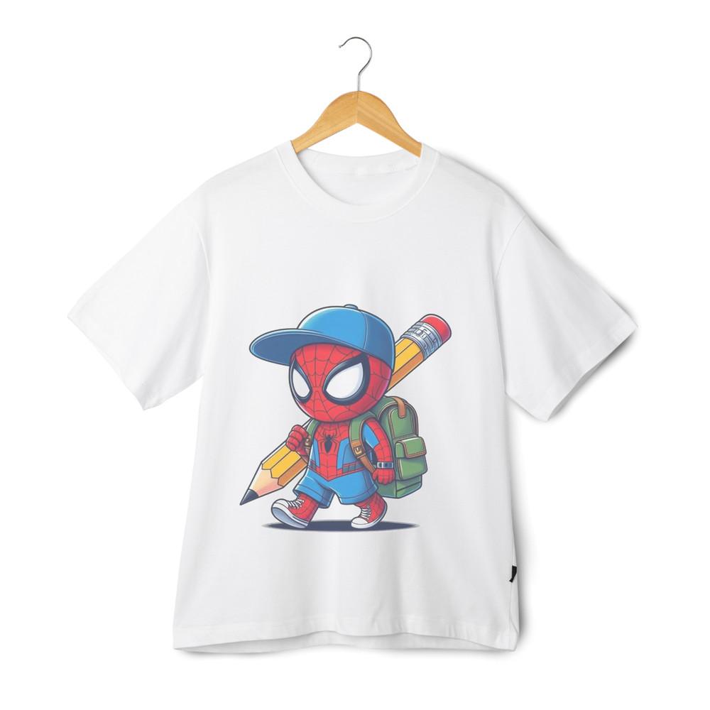 

SpiderMan Back to School Cute T-Shirt – Chibi Marvel Hero with Pencil and Backpack M