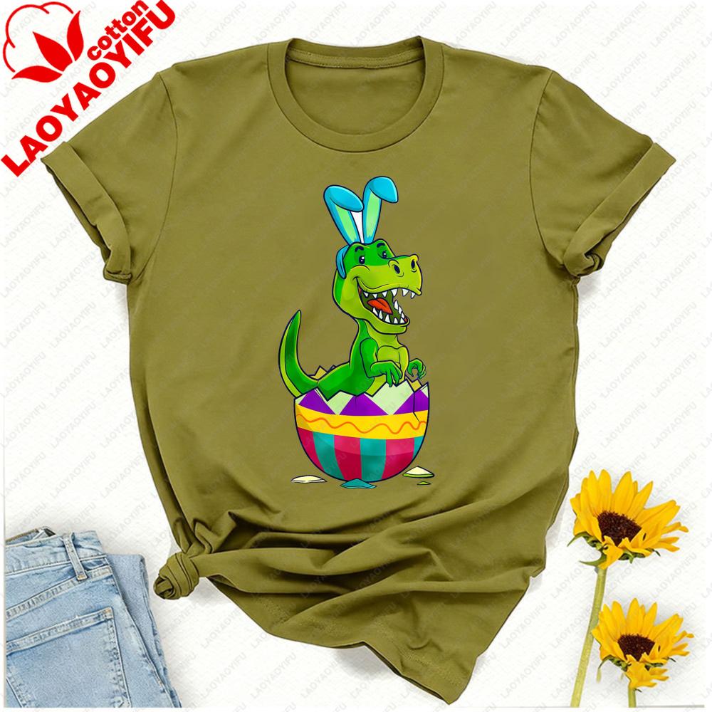 Pastel Easter Trex Bunny Tshirt Cartoon Dinosaur Hatching From Colorful Egg Cotton Casual Streetwear For Spring Celebrations