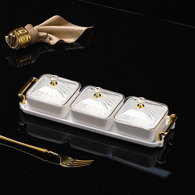 European Ceramic 3-Compartment Serving Platter with Lid