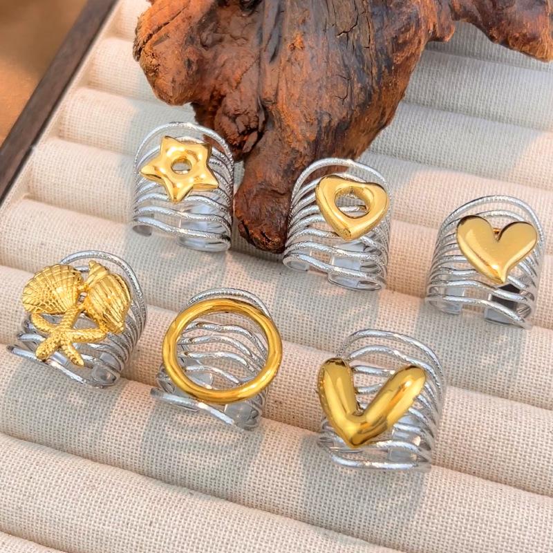 Stainles Steel Multi Layer Lines Hollow Rings for Women Men Geometric Gold Color Heart Star Wide Opening Rings Jewelry