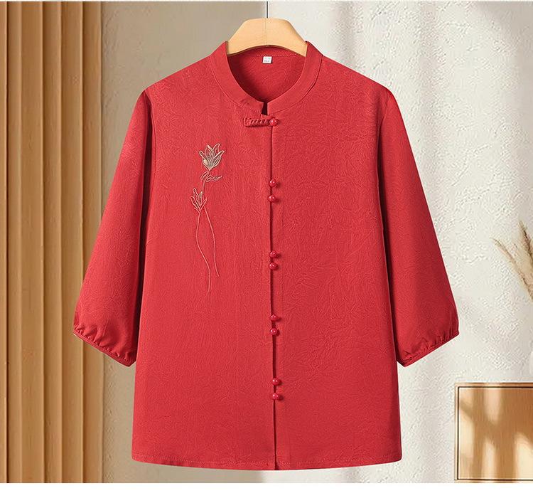 Plus-Size Chinese Style Seven-Sleeve Cardigan Shirt for Middle-Aged and Elderly Women