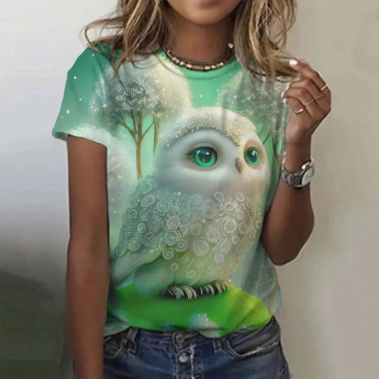 

Summer Round Neck 3D Print Owl Pattern Top Fashionable Casual Short Sleeved Women s T-shirts XS
