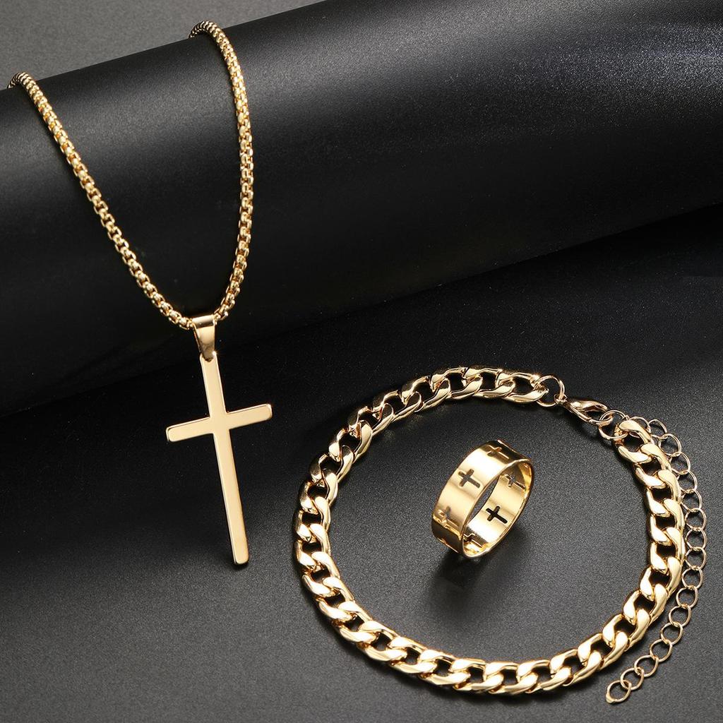 European Style Cross Ring Necklace and Bracelet Set: Unisex Simple Sweater Chain Accessories