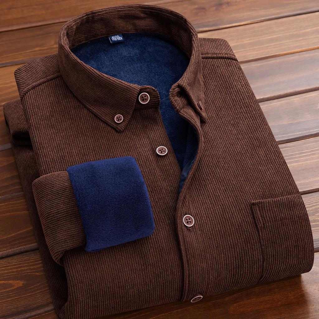 Thermal Men's Long Sleeve Shirt  Solid Corduroy with Fleece Lining for Cold Days plus size
