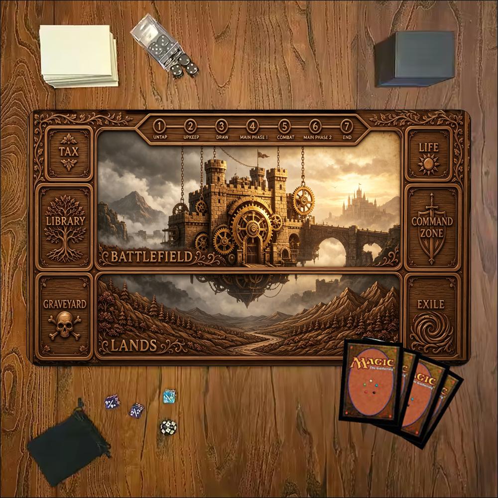 Vintage Carved Floating Castle Large Game Mat NonSlip Rubber Playmat Antique Wood Relief Art For Trading Card Tabletop Gaming