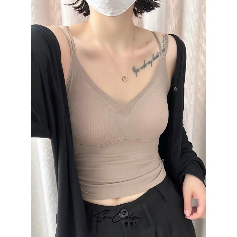 Seamless Round Neck Adjustable Thin Shoulder Strap with Chest Pad Beauty Back Is Breathable Seamless Suspenders Small Vest Women