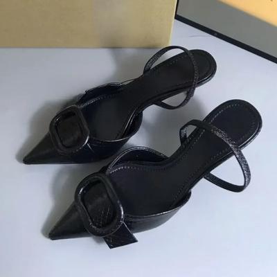 Sexy Noir Cuir Chaussures à Talons Hauts pour Femmes Chic Boucle Élégante Robe Bal Slingbacks Bout Pointu Luxe Créateur Escarpins Dames