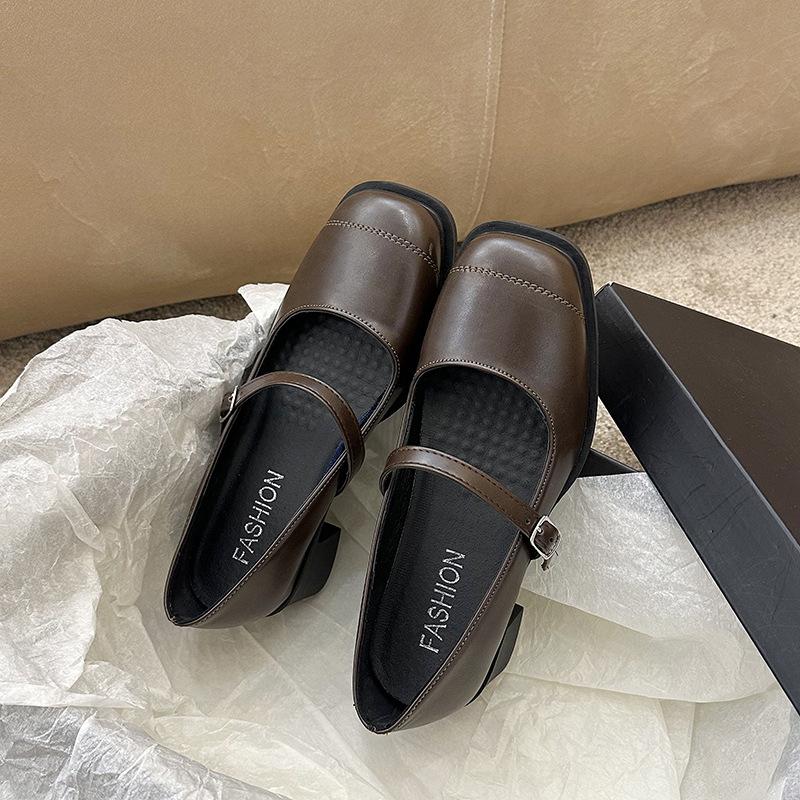 Soft leather with Mary Jane shoes women's thick heel black medium heel small leather shoes square head single shoes