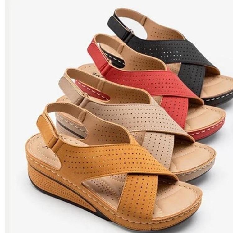 New 2025 European and American Foreign Trade Large Size Wedge Heel Sewing Line Retro Empty Breathable Summer Women's Sandals
