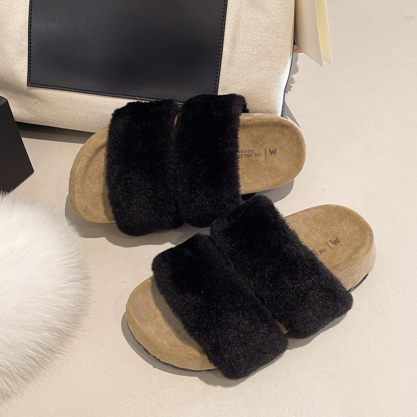 

Белые тапочки Queen Fan с толстой нескользящей подошвой и пушистой подкладкой для женской уличной обуви, новинка осени и зимы 2025 года, 100-символьный Birkentow 35 чёрный