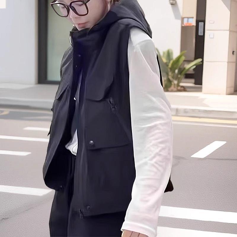 2025 Spring Women s Petite Casual Hooded Windbreaker - Fashionable, Stylish, Age-Reducing Workwear Jacket 4XL (175-200 lbs) чёрный