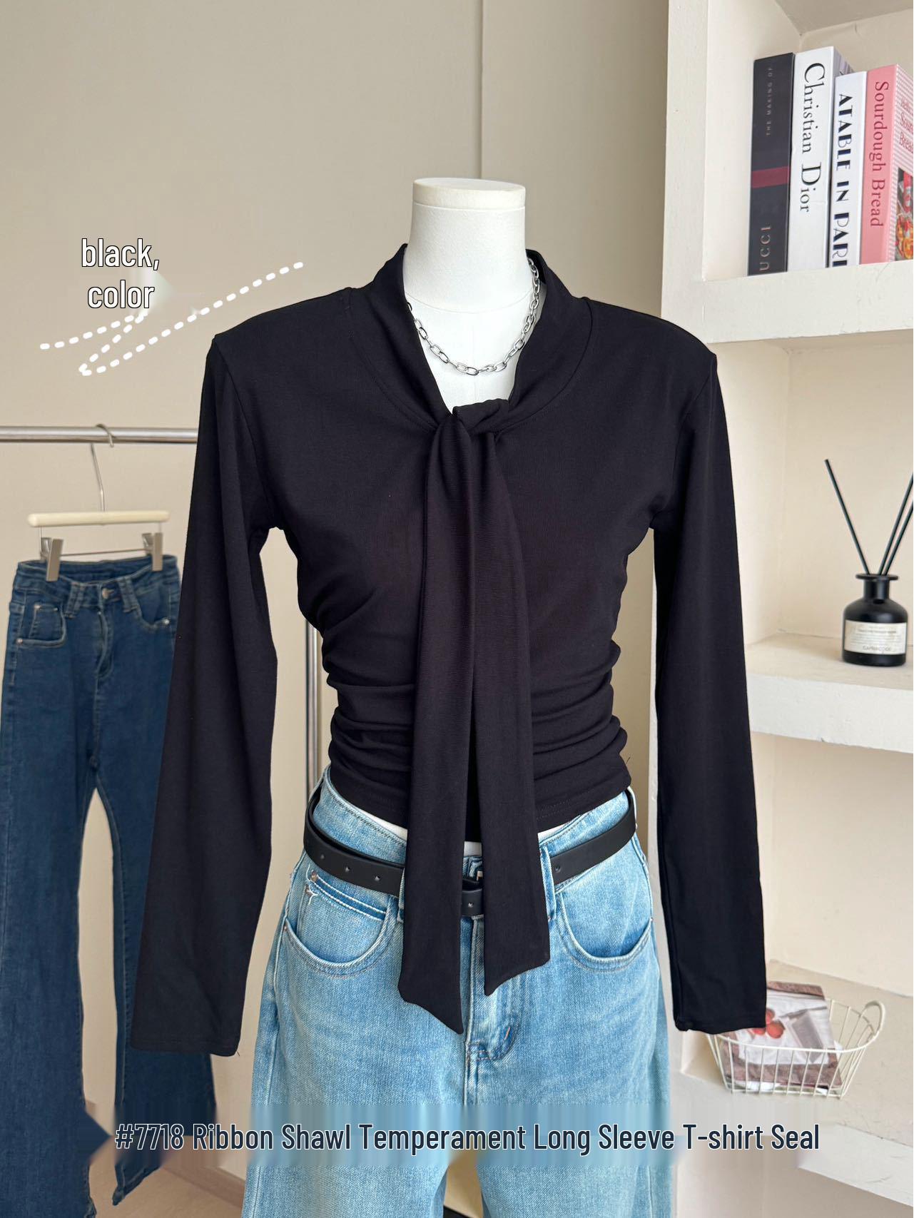 

Women s Urban Style V-Neck Long Sleeve Slimming Shirt with Shawl Decoration for Early Autumn One Size чорний