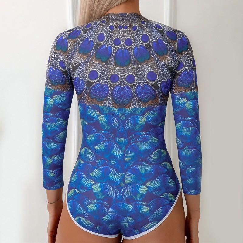 Women's Long-sleeved One-piece Sports Printed Swimsuit Diving Suit