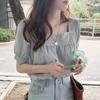 Square Neck Short Sleeve Women's Summer Top - Japanese Sweet Style with Age-Reducing Check Pattern