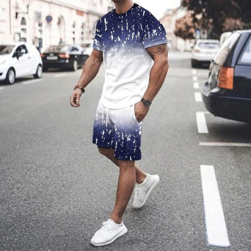 Summer Casual Men's Adult Set 3D Printed Pattern Men's Short-Sleeved T-shirt Set Gradient Cool Casual Sports Shorts two-Piece