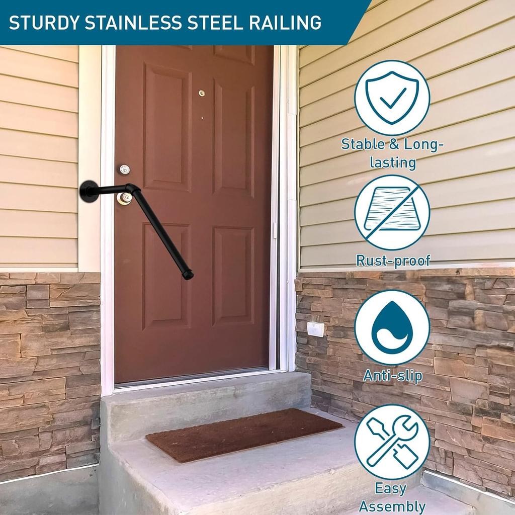 Outdoor/Indoor Metal Stair Handrail | 27.5'' Safety Grab Bar for 1-3 Steps | Non-Slip Elderly/Kids/Disabled