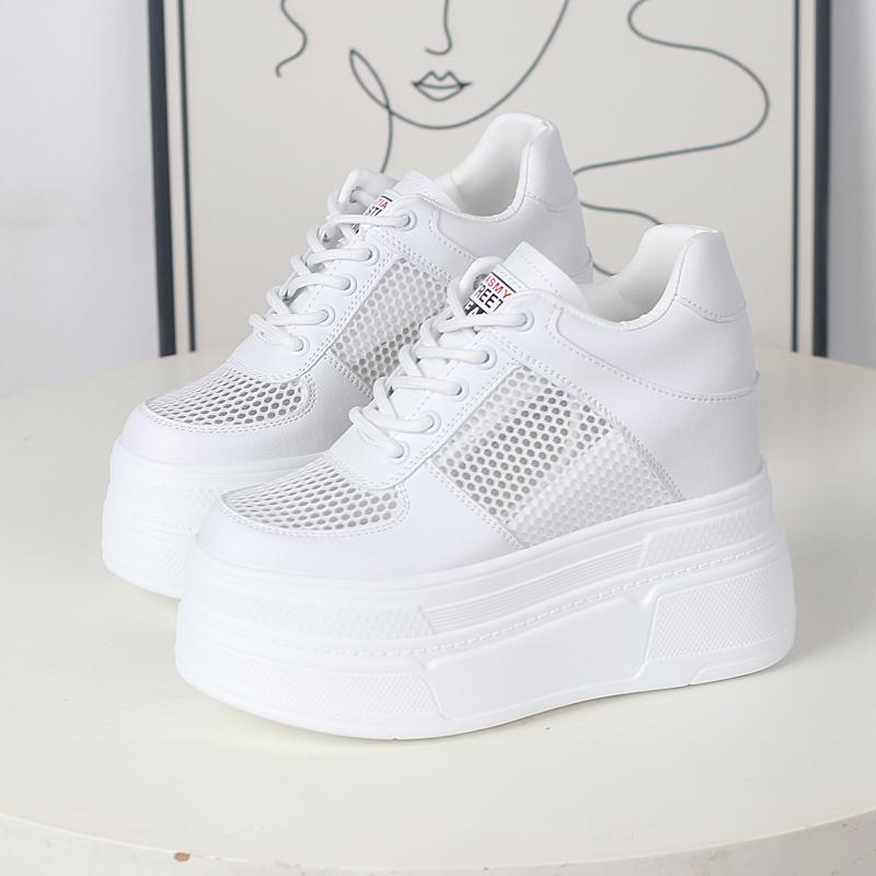 Fashion 12CM Genuine Leather Platform Sneakers Wedge Shoes for Women Breathable Sneakers Casual Shoes Hidden Heel Zapatillas Mujer