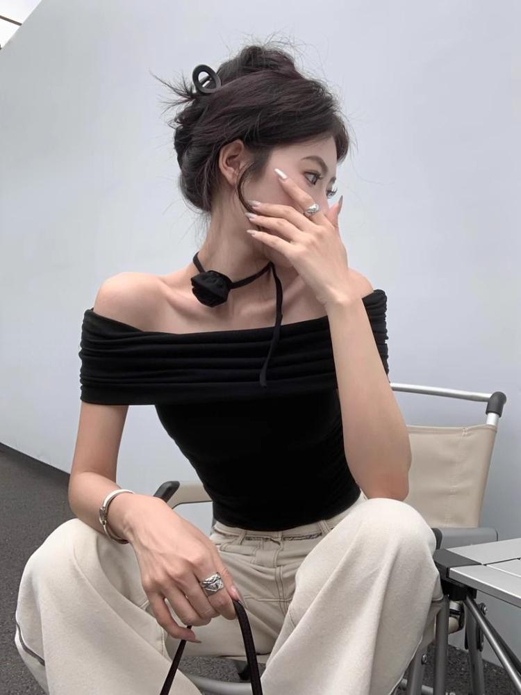 French Off Shoulder Short Sleeved T-shirt Female Summer New Pure Style Slim Elastic Short Blouse Korean Fashion Casual Tops Ins