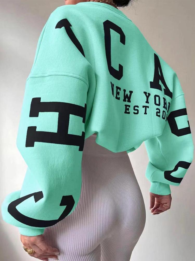 Women Casual Print Pullover Sweatshirt Stylish Loose Thick Long Sleeve Top