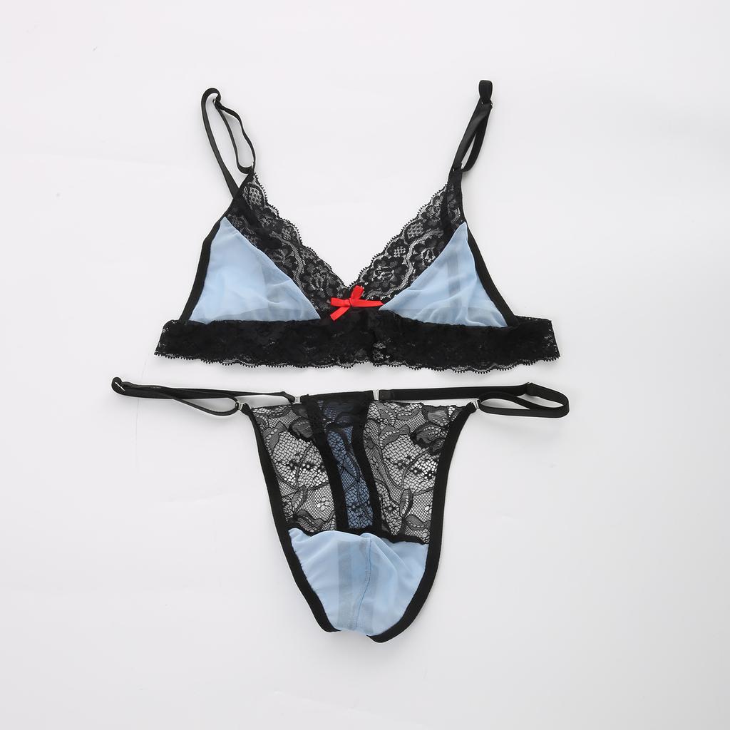 Conjunto de Lencería Sissy para Hombre con Ribete de Encaje Malla Transparente Sujetador Tanga Conjunto de Ropa Interior Outfits Exóticos para Crossdresser Gay Femboy Exótico Ropa de Dormir de 2 Piezas