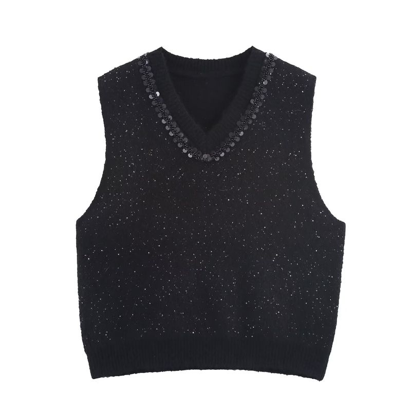 Kaslead New Women Clothes Western Style Simple and Versatile Sequined Neckline Decoration Knit Vest