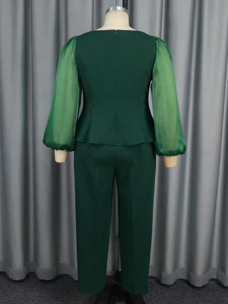 Zestaw zielonych spodni plus size z błyszczącymi rękawami z siateczki i kwiatowym detalem 3D Idealny na kościół, formalne spotkania i specjalne wydarzenia