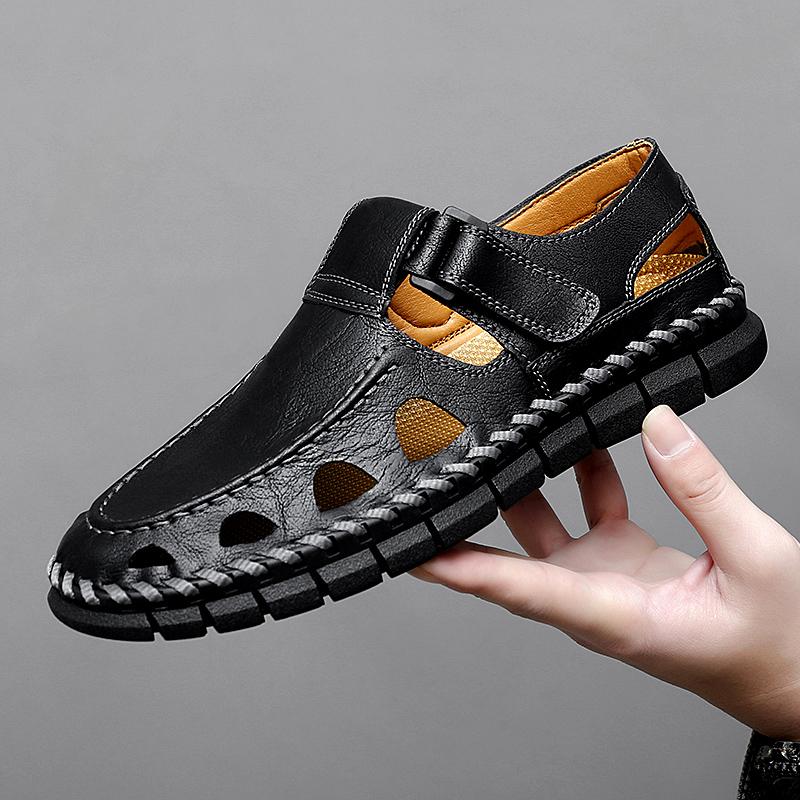 FashionGenuine Leather Men's Summer Shoes Hot Sale Male Sandals New Fashion Handmade Hollow Out Roma Flats Quick Dry Wading Aqua Shoes