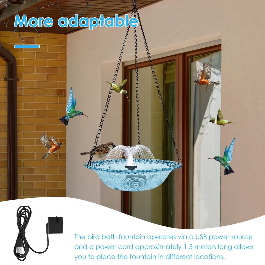 Hanging Bird Bath Fountain USB Powered Bird Water Feeder Outdoors Garden Landscape Decoration Hummingbird Bath Feeder Bowl