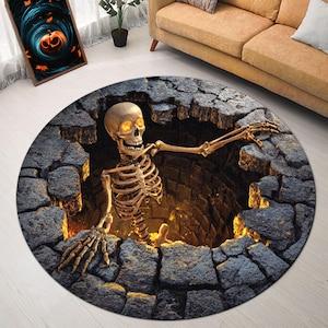 Printed 3d Effect Skeleton Illusion Round Rug, Creepy Realistic Bone Floor Mat for Halloween Haunted House Party Decor