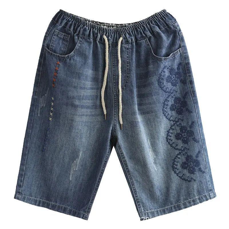 Damen Retro Stickerei Elastischer Bund Schnürung Denim Shorts - Große Größen, Fünf-Punkt Gerades Bein, Sommer 2026 Kollektion.