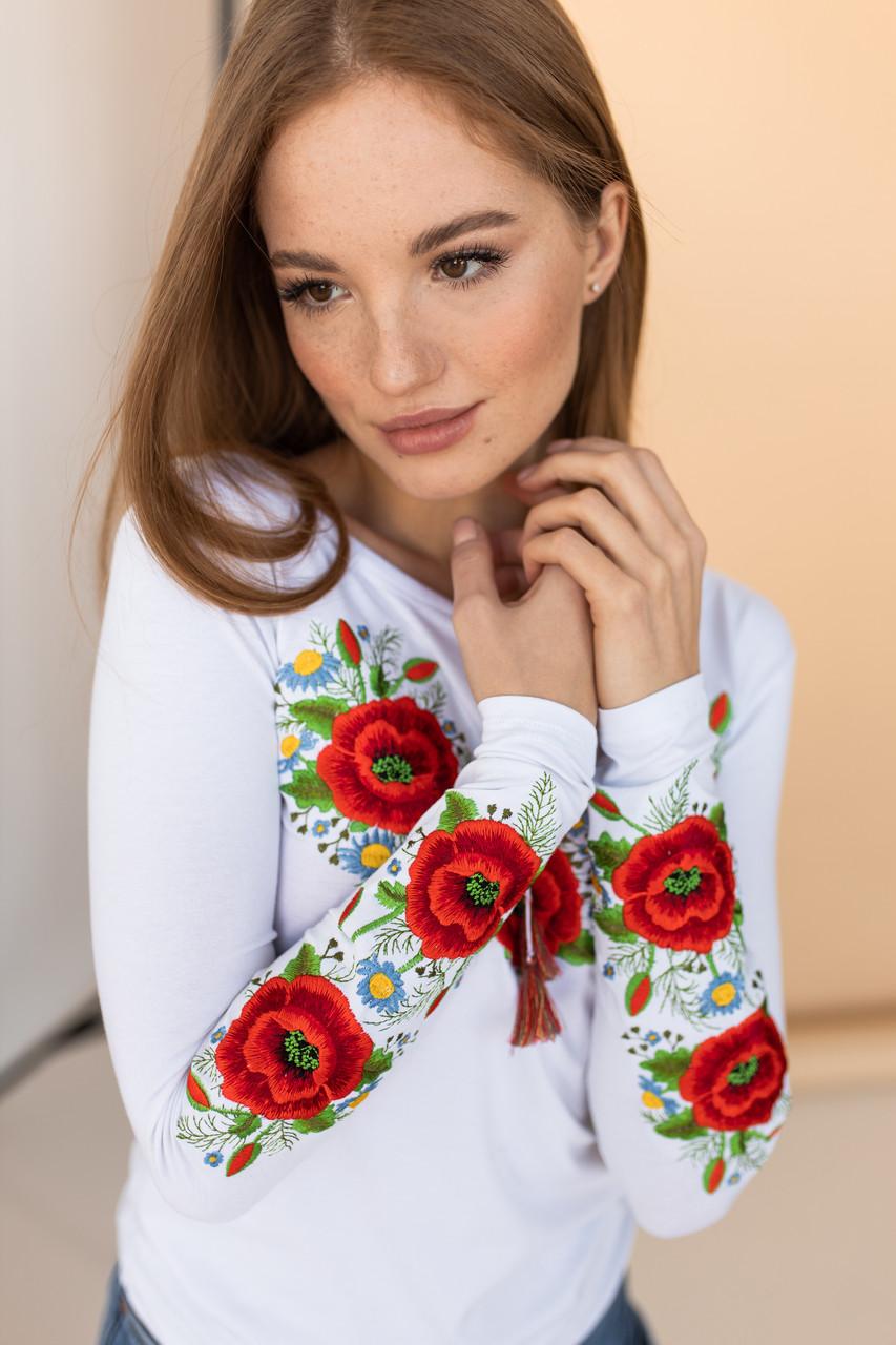 

Жіноча футболка з довгим рукавом вишитий візерунок на грудях XXXL білий