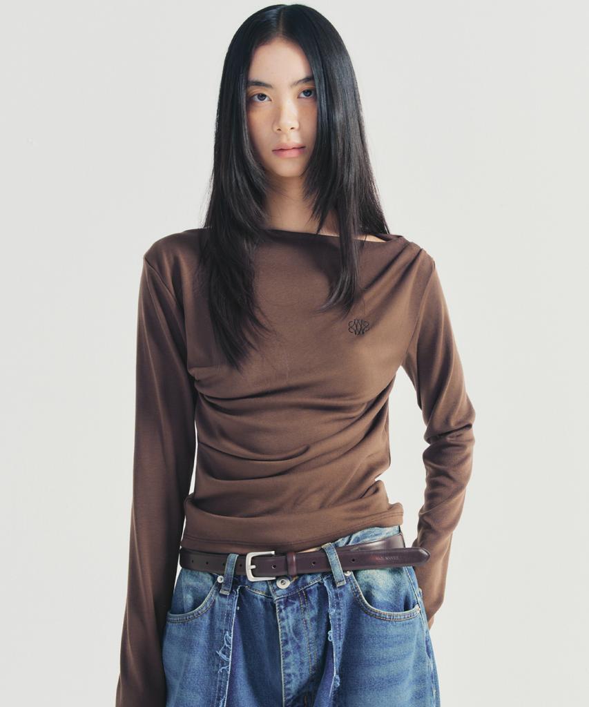 Nigaennikol Shirring Drape Boat Neck Top_Brown