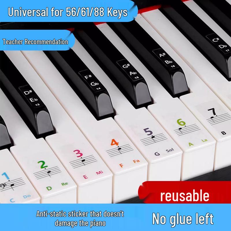 Colorful Piano Keyboard Stickers for 88, 61, and 54 Keys - Note Stickers with Numbers and Staff for Electronic Keyboards
