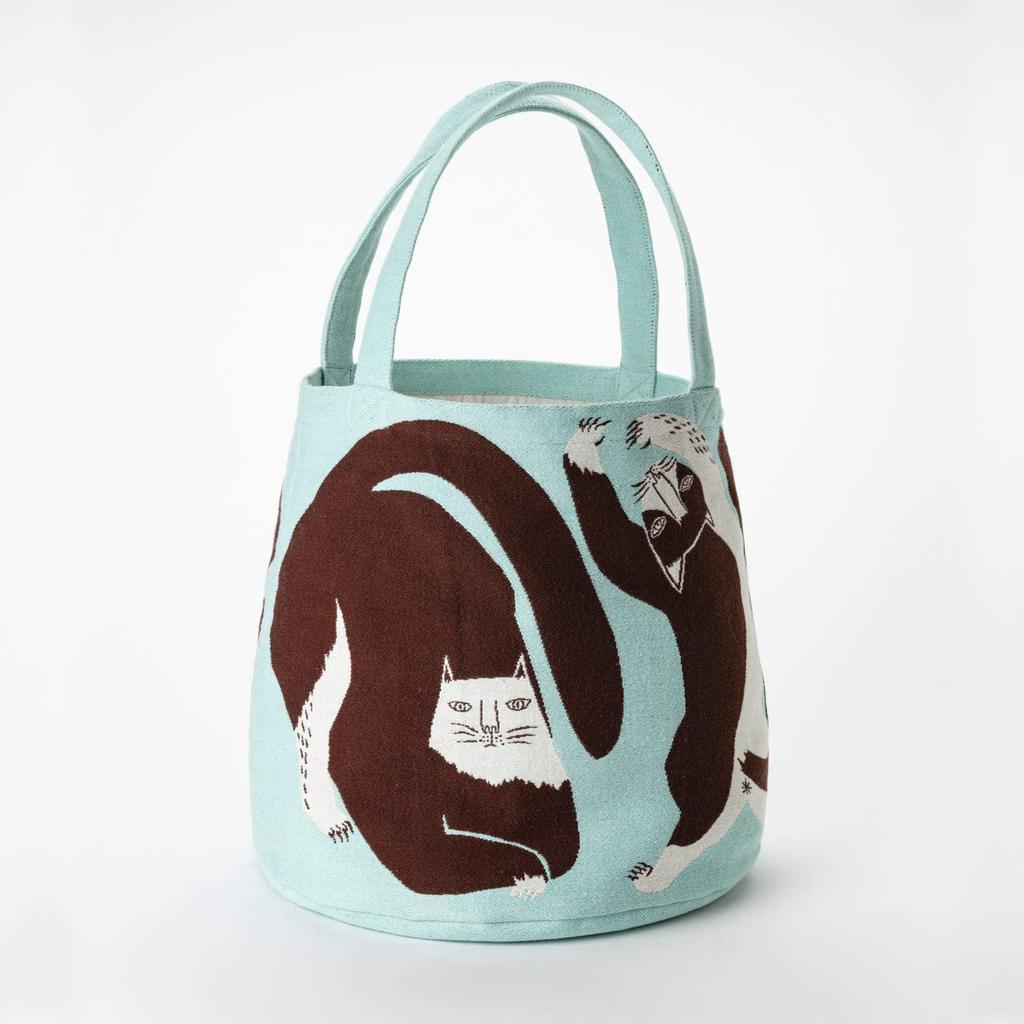 Morita MiW Tote Bag Cats from the Big Tree In the Park Light Blue Colorful and Adorable Shape Tightly Woven Thick Fabric with Elegant Color Lining 100