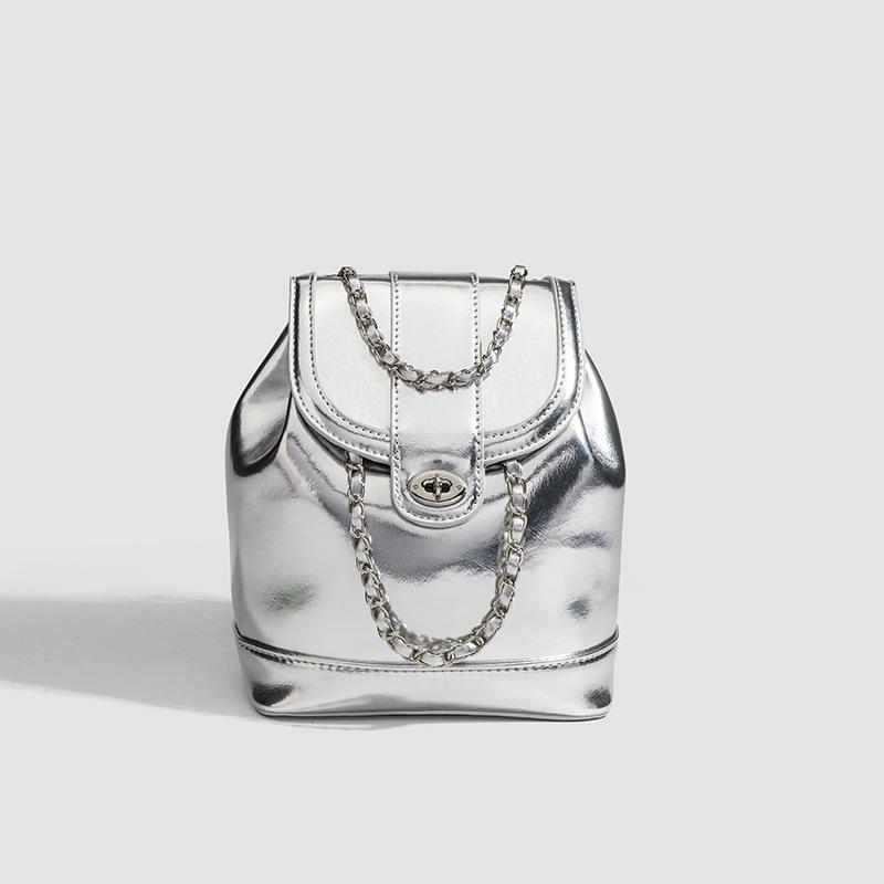 2024 Summer New Niche High-End-Style Chain Backpack Silver Fashion Backpack Rhinestone School Bag
