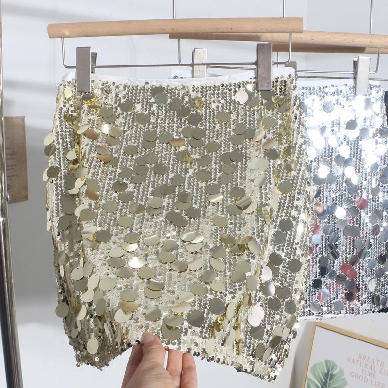 High-End Sequin A-Line Mini Skirt with Anti-Exposure Lining, High Waist, and Slim Fit