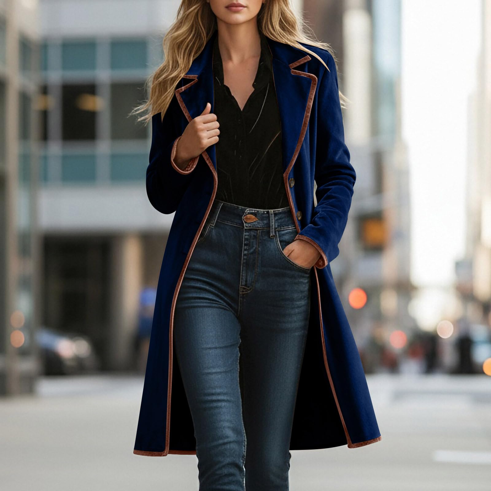 

Women s Fashionable Solid Color Lapel Button Pocket Long Gold Velvet Loose Jacket S Темно-синій
