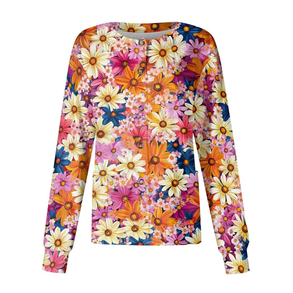 Women's Casual Long Sleeve Single Breasted Floral Print Medical Scrub Cardigan Top Comfortable Fit Lightweight Fabric Suitable for Work