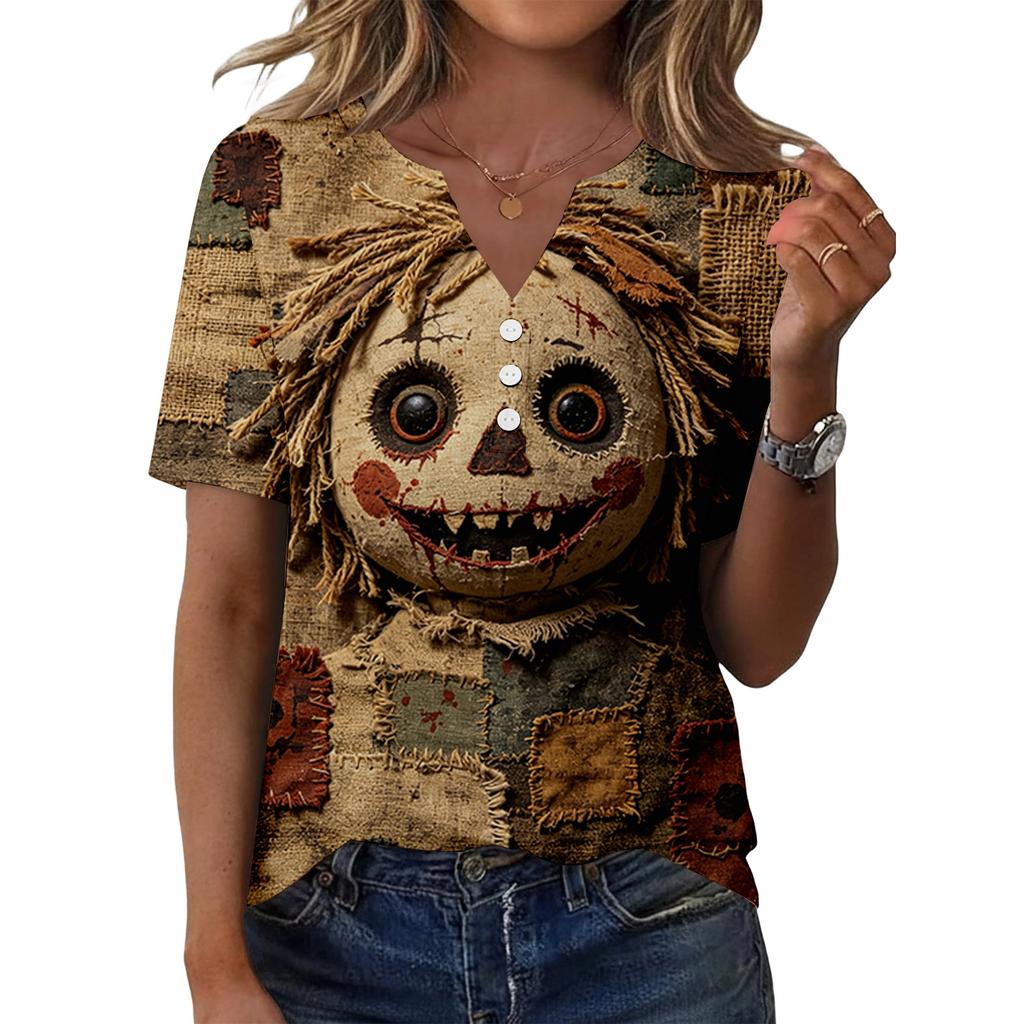 Women V Neck Short Sleeve Skull Print Tops Casual Holiday Graphic Tees Loose Fit Distressed Style T Shirt Blouses