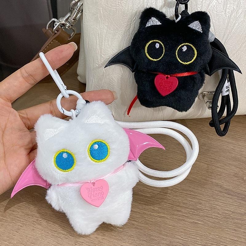 Kawaii Black Cat with Wings Keychain; Plush Doll Bag Pendant; Cute Backpack Decor; Ideal Gift for Couples.