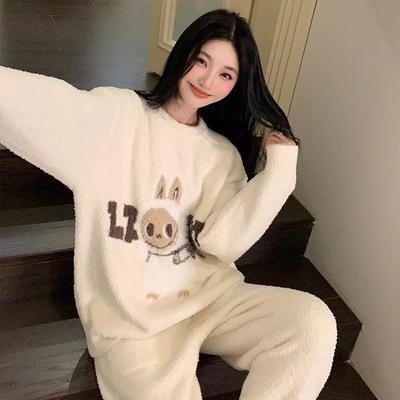 Women's Half-Velvet Pajamas: New Autumn/Winter, Plus Velvet, Thickened, Cute Embroidery, Pullover Design, Cozy Homewear, Suitable for Outdoor Wear.